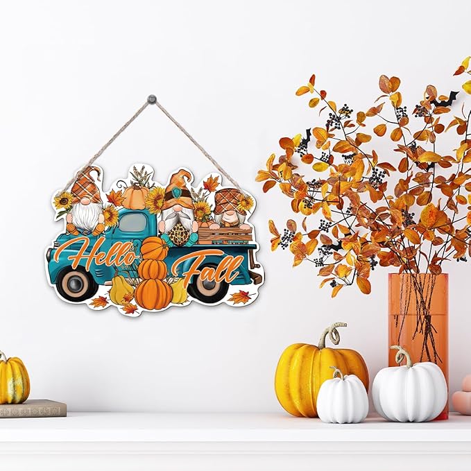 Hello Fall, Wood Hanging Gnome Decoration, Hello Fall Wood Hanging Decors, Rustic Thanksgiving Decors for Porch, Indoor Outdoor Autumn Door Decor(Truck), Housewarming Gift, Home Indoor Outdoor Decor