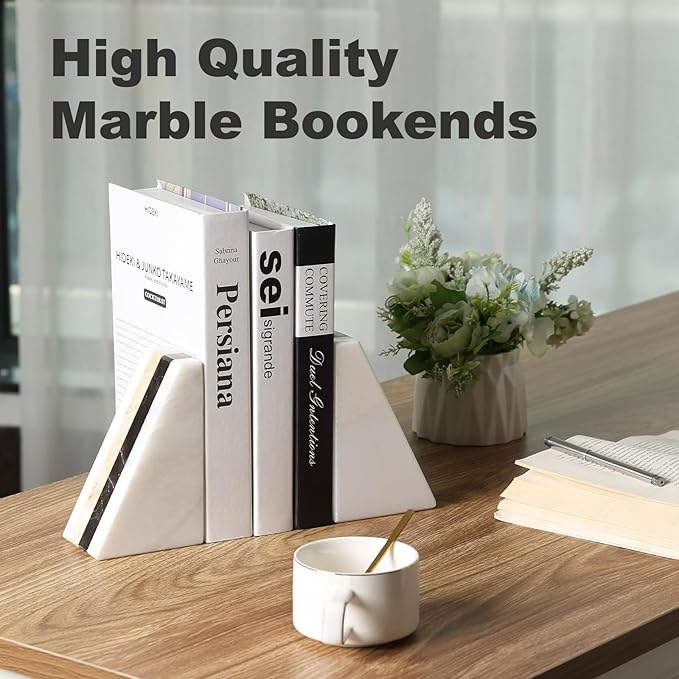 Marble Book Ends, Non-Skid Bookends for Shelves, Composite Bookend with Natural Marble, Heavy Duty Book Stopper, Collected CDs and Oversized Books Organizer, Gold & Black Decorative Bookends
