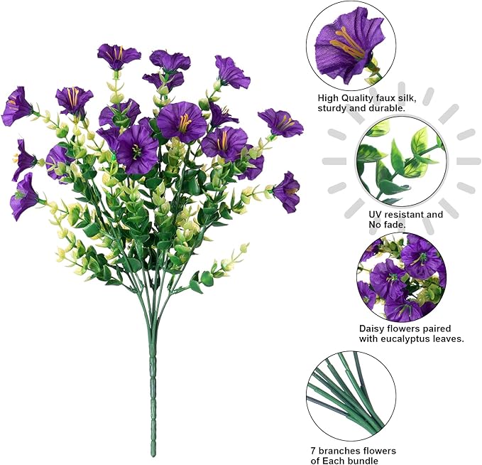 Artificial Flowers for Outdoors Fake Plants Outside Decoration, 12 Bundles Silk Colorful Morning Glory with Eucalyptus UV Resistant Realistic Faux Flowers for Planter Porch Patio Yard Garden