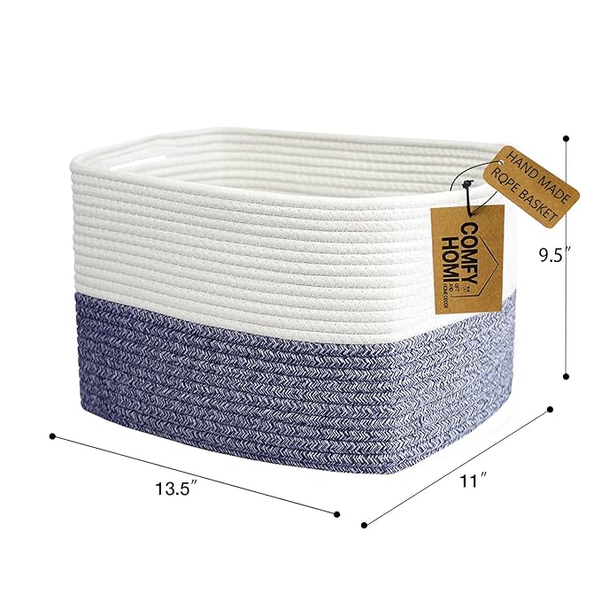 COMFY-HOMI Medium Cotton Rope Basket With Handles for Shelves|Dog Toy|Baby Gift Basket Empty for Organizing|NEW Generation 13.5" x 11" x 9.5" Living Room (Navy Blue)