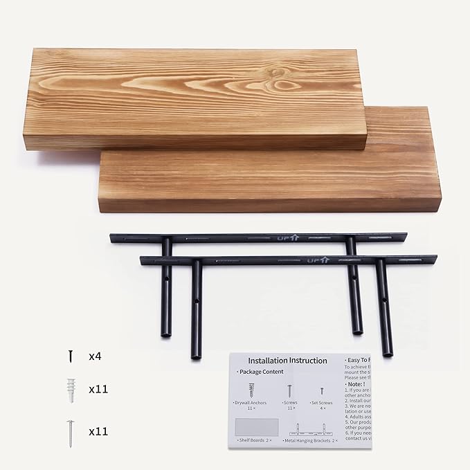 Fun Memories European Pine Floating Shelves for Wall, Mounted Shelf for Decor Storage Set of 2 - Natural Rustic Wooden Wall Shelf for Kitchen Bathroom Living Room Bedroom Farmhouse - Carbonized