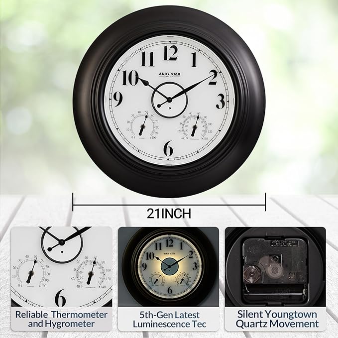 Andy Star 21 Inch Large Illuminated Outdoor Wall Clock Waterproof with Thermometer and Hygrometer, Oversized Battery Wall Clock for Patio Pool, Oil Rubbed Bronze Silent Non Ticking Clock for Garden