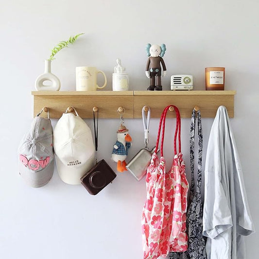 Entrance Coat Rack ，Coat Hooks, Wall-Mounted Wooden Hook Rack, Wall-Mounted Shelves are Very Suitable (Oak Colored Finish-2)