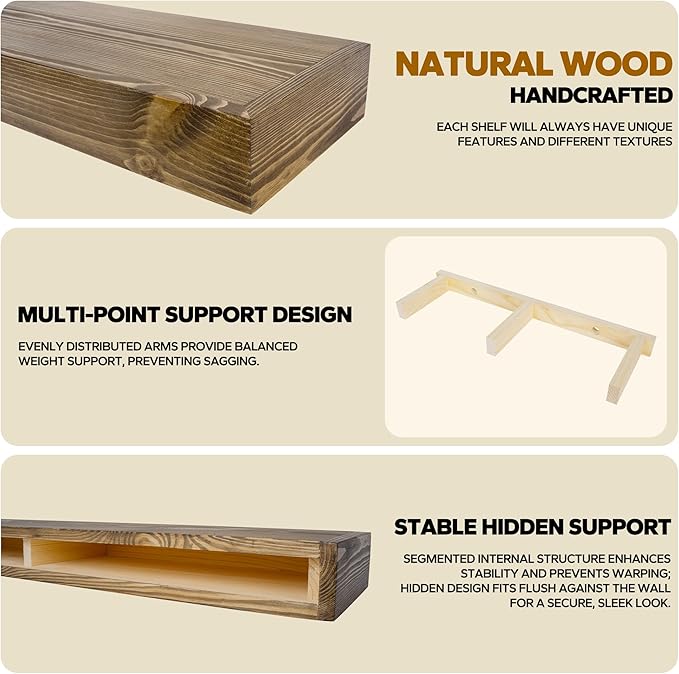 Floating Shelves 24 inch for Wall Set of 2,3 inch Thick Pine Wood Wall Mount Shelf for Kitchen Living Room Bedroom Bathroom,8" D x 24" L x 3" H-Drak Walnut