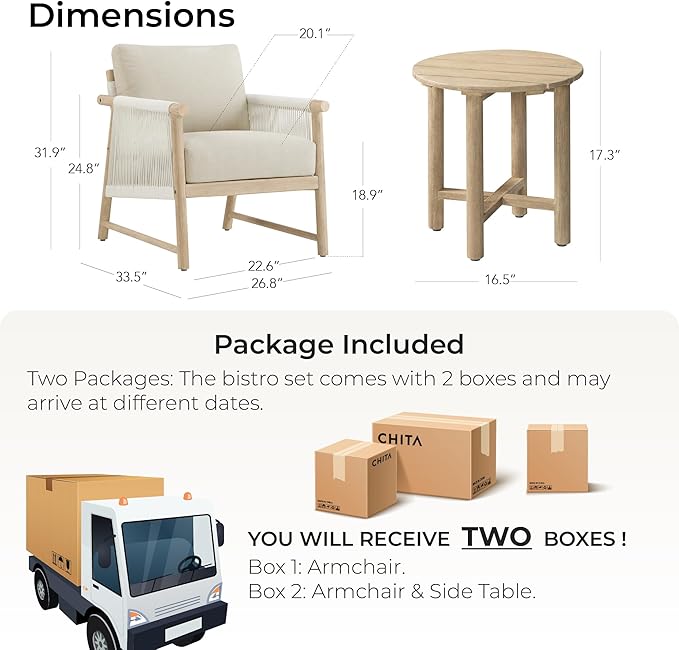 CHITA 3 Pieces Boho Patio Rattan Bistro Set, Outdoor Wicker Chairs & Side Table Set with Acacia Wood Frame(Cream)