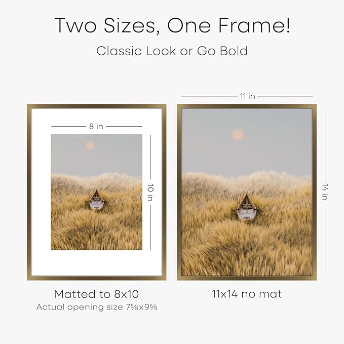 Homeforia 11x14 Bronze Picture Frame, High End Metal 11x14 Brass Frame with Mat 8x10, 11 x 14 Poster Frames Matted to 8 x 10 inch Photo, 11 by 14 Bronze Thin Frames, Tempered Glass, Wall Kit, Set of 1