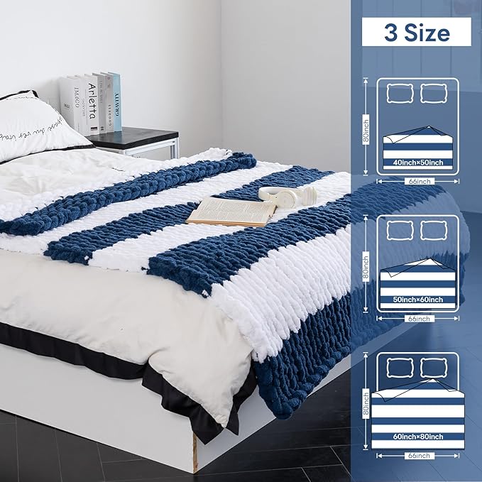 Chunky Knit Blanket - Luxury Soft Cozy 60 * 80 Throw Blanket,100% Woven Blanket Rope Knot Throw Blanket for Couch, Sofa, Home Decor, Gift - Machine Washable（White/Deep Blue）