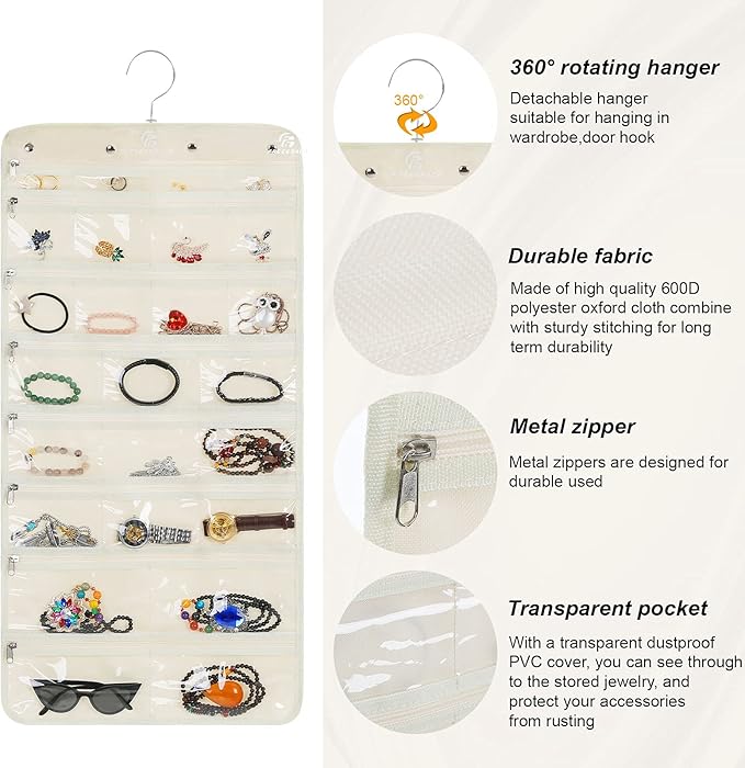 Freegrace Hanging Jewelry Organizer Revolving Hanger - Secure Zipper Closure - 50 Pockets - Foldable Storage & Display Solution - For All Jewelry & Bijoux (Beige)