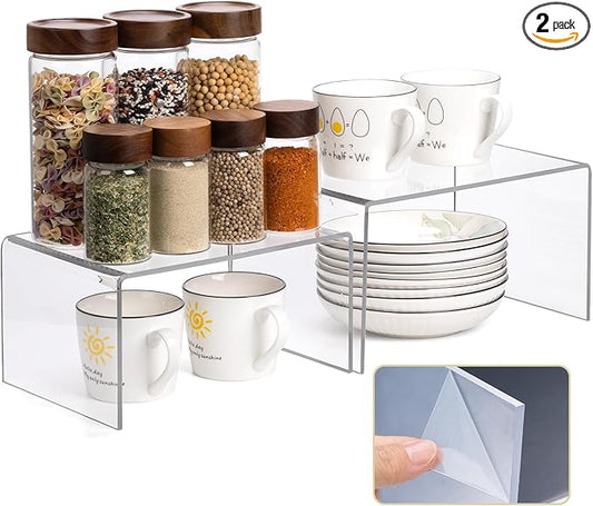 Acrylic Clear Kitchen Rack for Dishes, Spices Jars and Mugs, Kitchen Counter Cabinet Organizer, Clear Spice Rack Shelves, 5mm Thick, 2 Pack