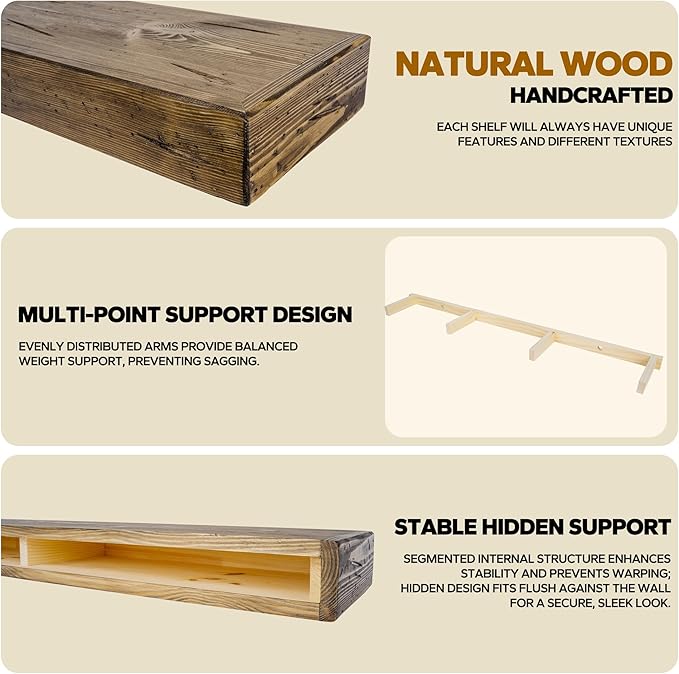 Floating Shelves 3 inch Thick for Wall Set of 2,Solid Pine Wood Wall Mount Shelf for Kitchen Living Room Bedroom Bathroom,8" D x 48" L x 3" H-Distressed Black Walnut