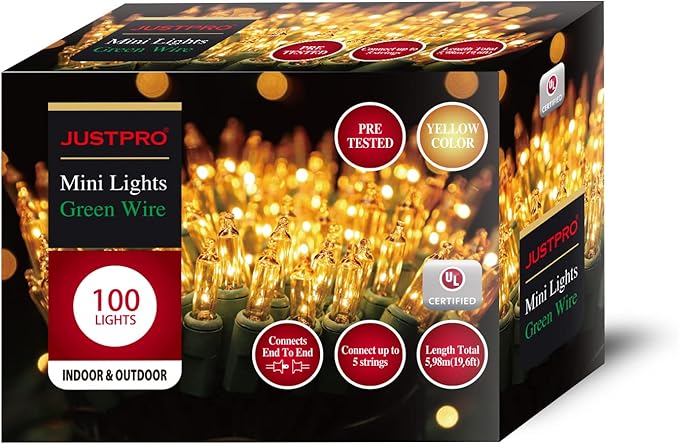 100LIGHTS Yellow Extra-Bright with End Connectors Christmas Decorative Lights 5.98m UL Certified Mini String Light Set Waterproof for Home Garden Holiday Christmas Tree Party Patio Wedding