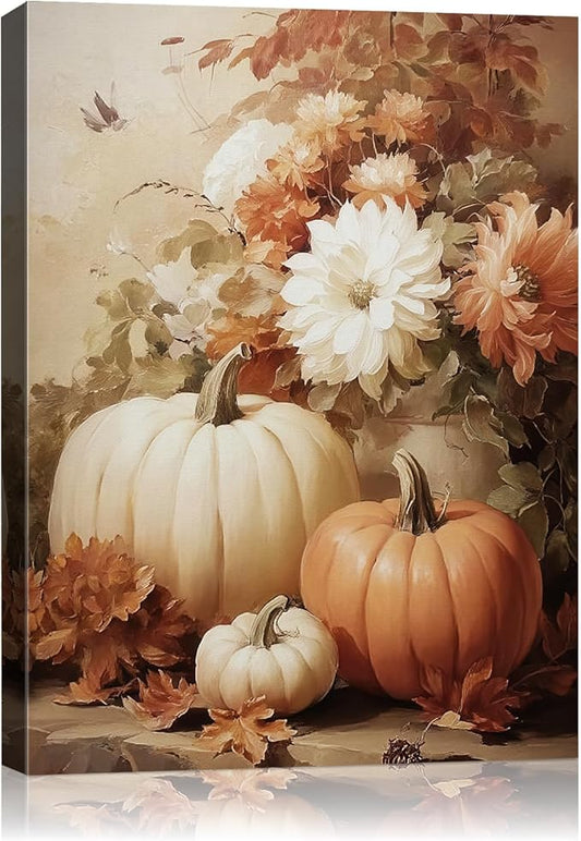 AbcCustomize Vintage Pumpkin Floral Wall Art Decor, Rustic Fall Daisy Flowers Canvas Print for Farmhouse Autumn Decor, Thanksgiving Decorations for Living Room Kitchen Dining Room, Ready to Hang