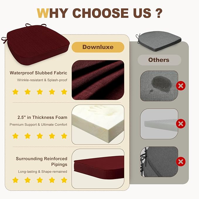downluxe Chair Cushions for Dining Chairs, Waterproof Kitchen Chair Pads, Non-Slip Dining Seat Cushion with Ties, 17" x 16" x 2.5", Burgundy, 6 Pack