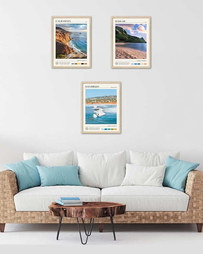HesenDot Natural OAK Wood San Diego Surfing Framed Wall Art,12x16in Natural Seascape Canvas Wall Print,Classic Urban Landmark Wall Decor for Living Room,Bedroom,Office Gallery Gifts Set of 1