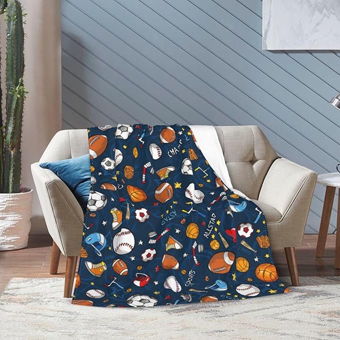 Baseball Football Basketball Sport Theme Throw Blanket 60x50 Inch Soft Fleece Blanket Men Women Gift for Kids Boys Girls for Party Couch Sofa Bed Deco Blankets