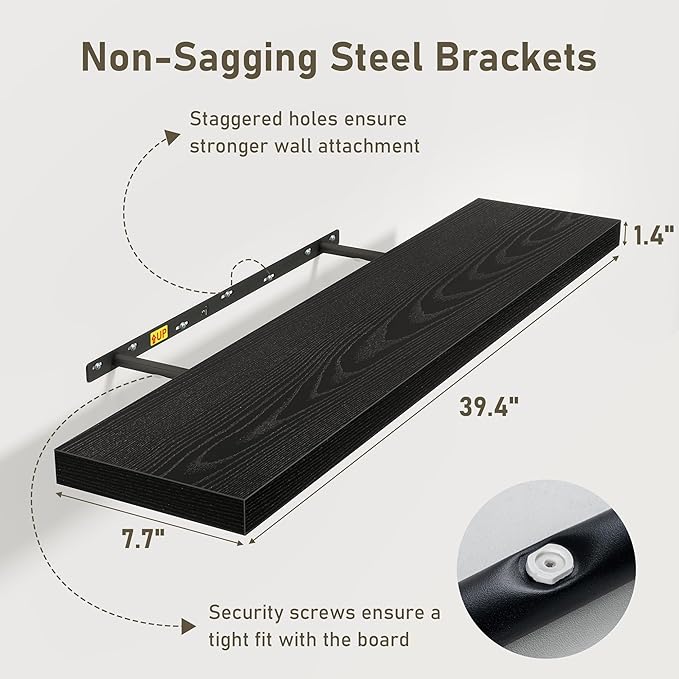 Black Floating Shelves Wall Shelf 40 Inch, 8 Inch Deep Floating Shelf for Wall, Farmhouse Black Wood Shelves Invisible Bracket for Living Room, Bedroom, Kitchen, 40 x 8 x 1.4 Inch, Set of 2