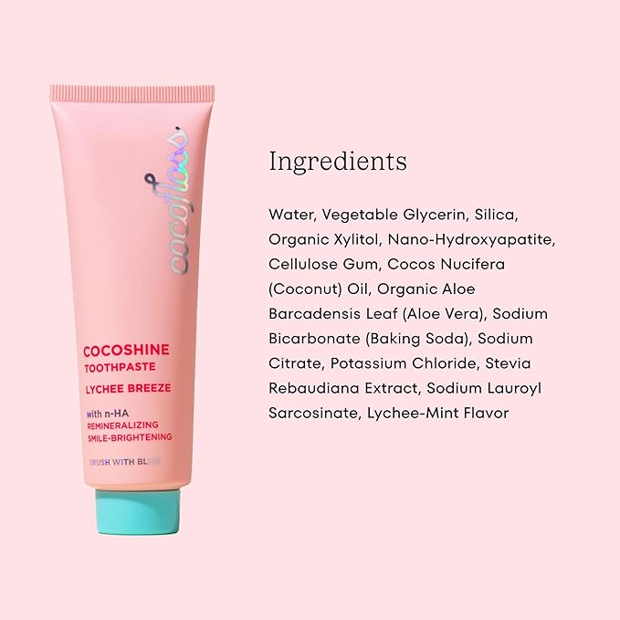 Cocofloss Cocoshine Whitening Toothpaste, Remineralize & Repair Sensitive Teeth, Fluoride-Free with n-HA, Kid-Friendly, Lychee Breeze, 3.4 oz