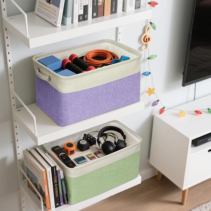 BALEINE 4 Pack Fabric Storage Bins for Shelves, Linen Storage Baskets for Organizing, Decorative Closet Bins for Clothes, Home (Pink, 15''x11''x9.5'')