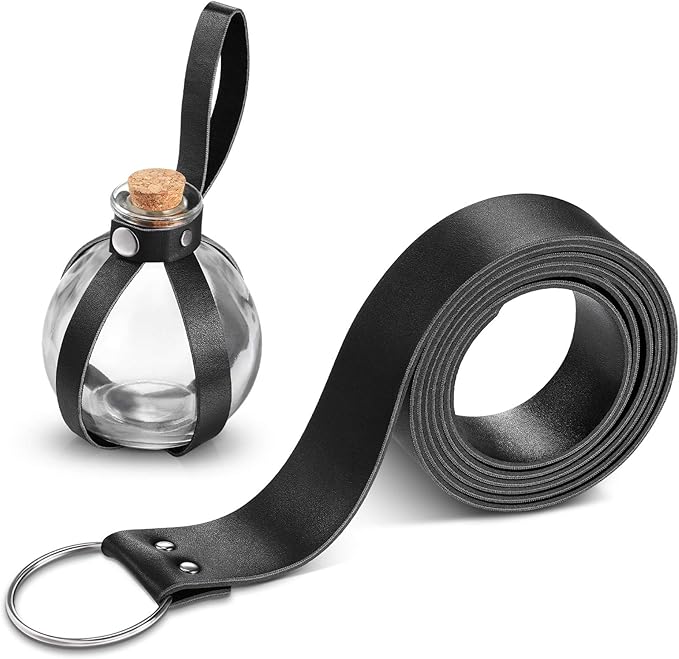 Boao Potion Bottles with Cork Set Dark Magic Cork Round Potion Bottle with Leather Belt Clear Glass Large for Halloween Costume Props DIY Crafts Decorative, 200 ml(Black)