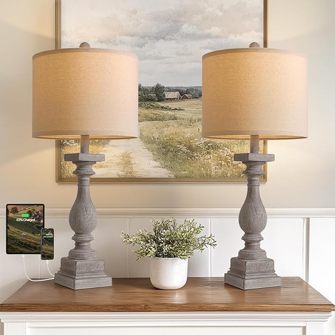 BOBOMOMO 27" Farmhouse Table Lamps with USB-A +C Ports, Vintage Rustic Lamps for Living Room, Linen Shade, Retro Side Table Lamps Set of 2 for Living Room,Bedroom,Night Stands,Office, Home Decor
