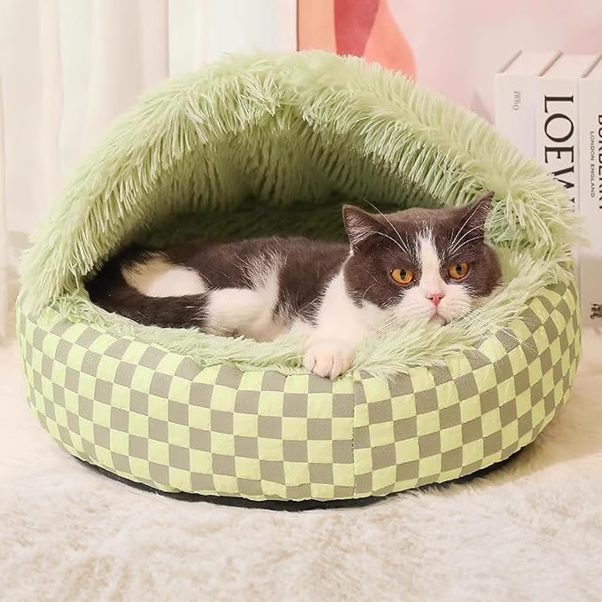 Cat Bed Hooded Plush Nest with Self-Warming Cozy Cave, Calming Anti-Anxiety Pet Bed for Indoor Cats & Small Dogs, Removable Washable Cover & Waterproof Bottom - Green