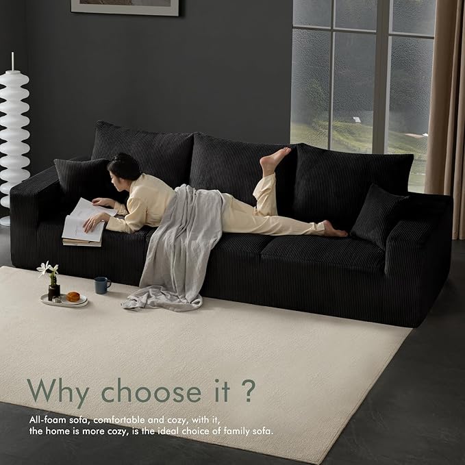 Boneless Sectional Cloud Couch Sofa Bed for Living Room, 112" Modular Modern Lounge 3 Seater Sleeper Black Couches with Chaise, No Assemble, Cordury Compression Upholstered Sofas