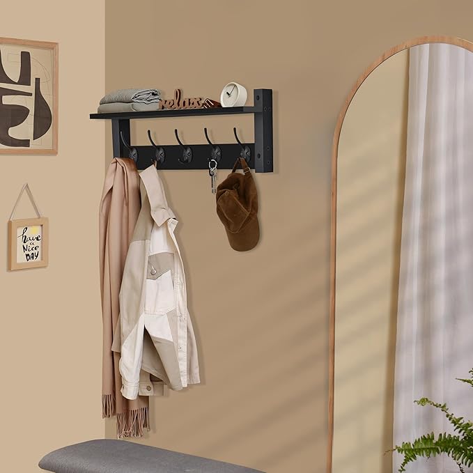 Sorbus Coat Hooks Wall Mount with Shelf – 24 Inch Coat Rack Wall Mount with 5 Heavy Duty Hooks – Floating Wall Shelf with Hooks for Entryway, Bathroom, Bedroom, Kitchen, or Mudroom (Black)