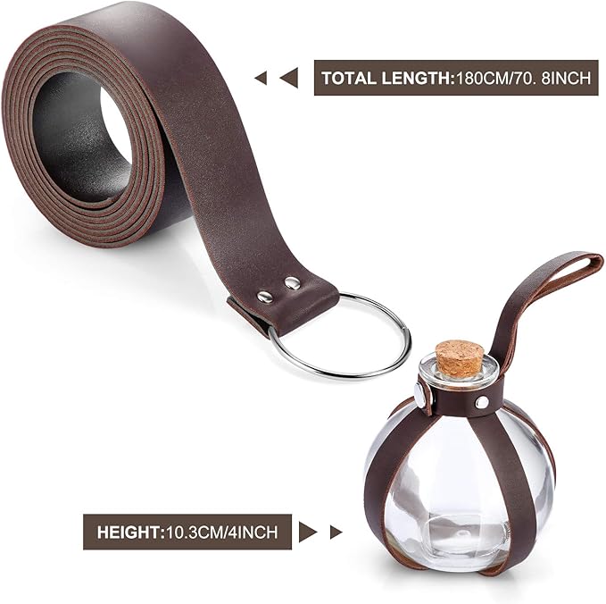 Boao Potion Bottles with Cork Set Dark Magic Cork Round Potion Bottle with Leather Belt Clear Glass Large for Halloween Costume Props DIY Crafts Decorative, 200 ml(Brown)