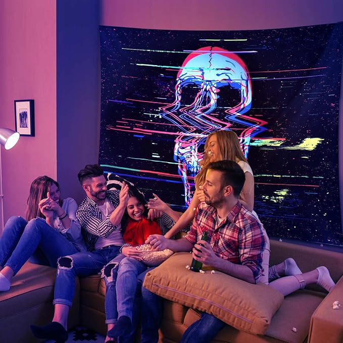 ADDWel Blacklight Skull Tapestry, Black Psychedelic Tapestry Glow In The Dark, UV Reactive Black Light Tapestries Posters Wall Hanging for Room Decor(50 * 60inches)