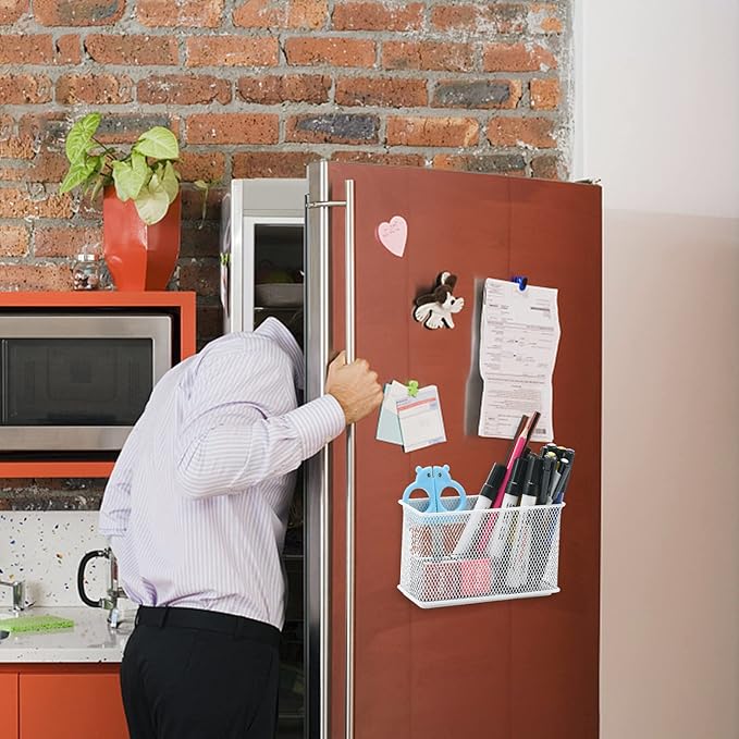 dedoot Magnetic Pencil Holder for refrigerator Storage Magnetic Basket Mesh White Strong Magnetic Pen Holder for Refrigerator,Whiteboard, Locker, Home and Office Organizer, 6.3x2.3x3.6inch