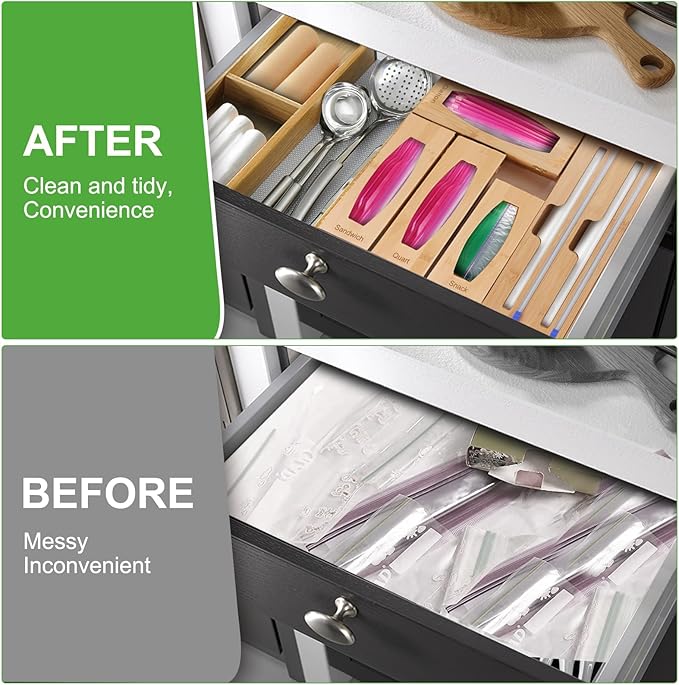 Individual Storage Bag Organizer for Kitchen Drawer, Bamboo with Foil and Plastic Wrap Organizer for Kitchen Organizers and Storage, for Gallon, Quart, Sandwich, Snack