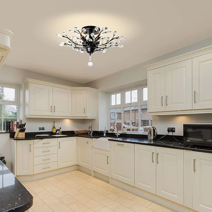 Ganeed Crystal Chandeliers,Vintage K9 Clear LED Ceiling Lighting,Edison Pendant Light Flush Mounted Fixture with 4 Light for Living Room Dinning Room Restaurant Porch Hallway (Black)