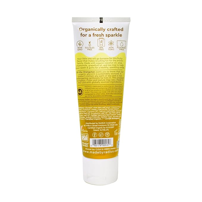 RADIUS USDA Organic Kids Toothpaste 3oz Non Toxic Chemical-Free Gluten-Free Designed to Improve Gum Health for Children's 6 Months and Up - Coconut Banana - Pack of 3