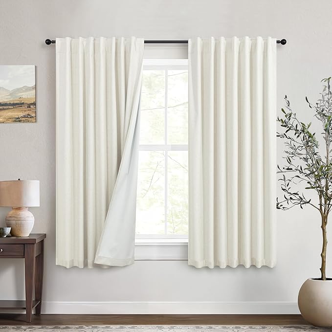 DANCURTON 100% Blackout Linen Curtains 45 Inches Long 2 Panel Short Length Kitchen Curtain for Small Window Treatment Basement Cafe Thermal Insulated Energy Efficient Drapes for Bedroom Bathroom Cream