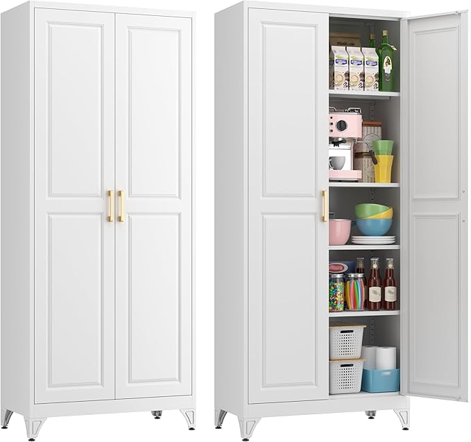 75" Kitchen Pantry Cabinet, White Metal Storage Cabinets with 2 Doors and 4 Adjustable Shelves, Tall Pantry Storage Cabinet for Kitchen, Dining Room, Living Room