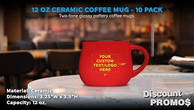 Custom Glazed Campfire Coffee Mugs 12 oz. Set of 10, Personalized Bulk Pack - Perfect for Coffee, Tea, Espresso, Hot Cocoa, Other Beverages - Red