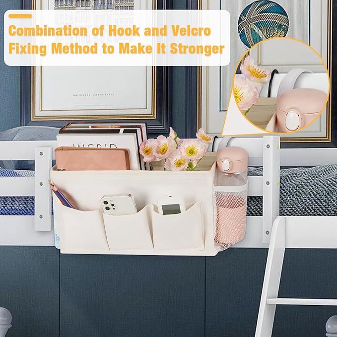 Bedside Caddy Bedside Organizer Bedside Storage Caddy with Fixed Straps and Water Bottle Holder for Home College Dorm Bunk Bed Hospital Bed Crib Bed Rails (White)