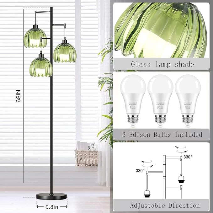 Glass Gold Floor Lamp for Living Room,Bedroom,Mid Century Modern Standing Lamp Brass Tree 3 Light Tall Floor Lamps Vintage Retro Floor Lights Green Flower Lamp Shade Farmhouse Boho Bohemian