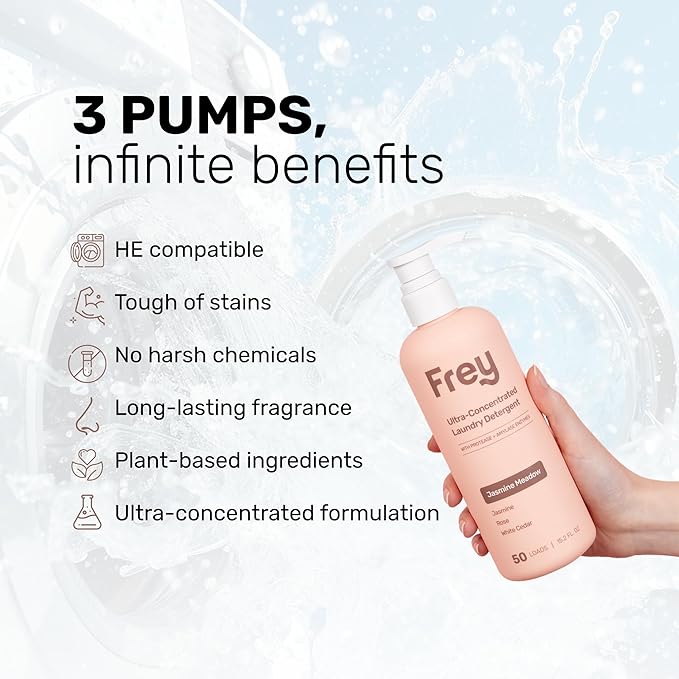 FREY Concentrated Liquid Laundry Detergent | Formulated for Sensitive Skin & HE Washers | Removes Stains Effectively | 50 Loads per Bottle (1-pack Jasmine Meadow)