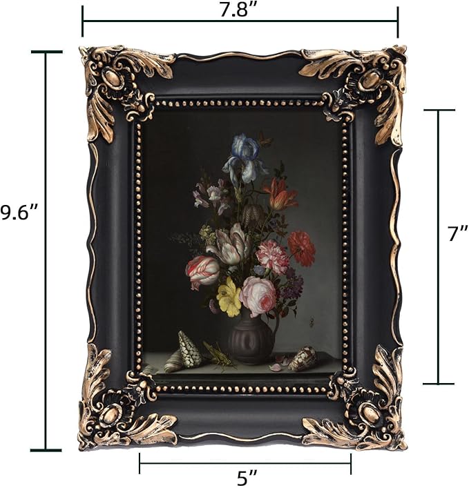 5x7 Vintage Picture Frame with Embossed Flower Design, Black Ornate Frame for 5x7 Pictures, Hand-Crafted Resin Antique Frames for Tabletop & Wall Hanging, Home Decor (Black)