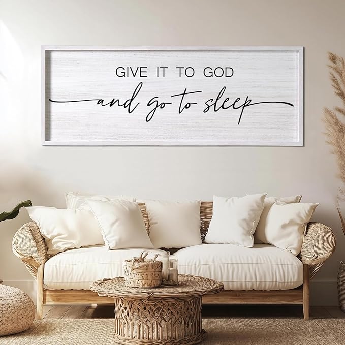 Give It to God and Go to Sleep Decorative Rustic Sign & Plaque Framed Wall Art for Couples, 40''×15'' Vintage Farmhouse Wooden Horizontal Wall Decor Above Bed, Cottagecore Wedding Gift for Bedroom