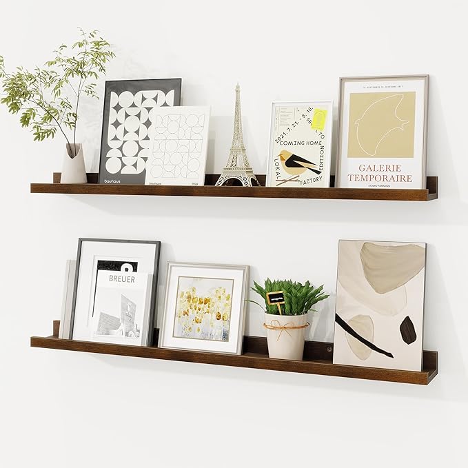 Picture Ledge Shelf, Solid Pine Wood Floating Shelves Set of 2, 32 Inches Nursery Book Shelves for Toys Storage, Kids Bookshelf Wall Mounted for Living Room Bedroom Decor Books Photo Frames, Walnut