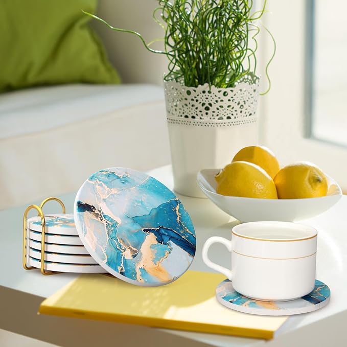 6 Pcs Light Blue Marble Abstract Ceramic Coasters with Holder Best Round Drink Absorbent Coasters for Desk, Lounge, Coffee, Wine, Beverage, Dining Table Decor, Bar Coaster Set