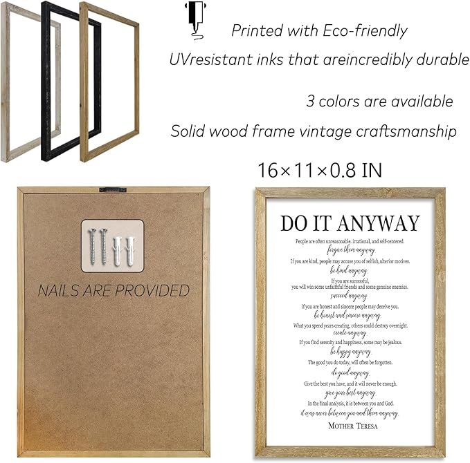Do It Anyway Mother Teresa Wall Art Decor 16x11 Inch Wooden Framed Wall Hanging Sign (Wood)