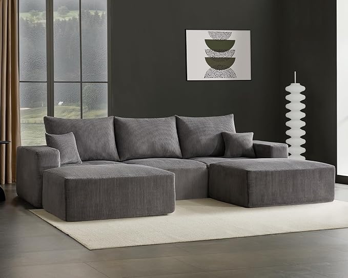 40" Square Stuffed Ottoman Pouf for Sofa Couch, Corduroy Poufs with Foam Chunk Filling, Furry & Fluffy Foot Stool Movable Ottoman. 40 * 31 Floor Poufs Foot Rest for Living Room, Grey