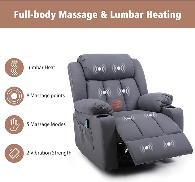 Rocker Swivel Recliner Chair for Adults, Overstuffed Large Manual Recliner Glider with Massage and Heat, Comfy Soft Fabric Living Room Reclining Sofa Chair(Technical Grey)