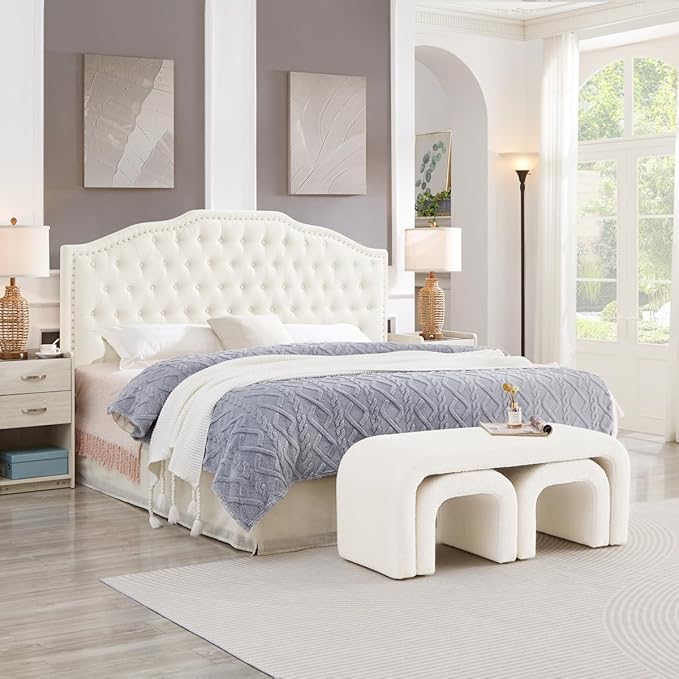 24KF Upholstered Button Tufted King Size Headboard with Nailhead Trim, Elegant Boucle Fabric California King headboard, 6031-K-Boucle-Ivory
