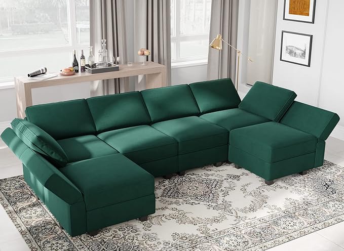 Belffin Modular Sectional Couch U Shaped Sofa with Storage Seat Reversible Sectional Sofa Couch with Chaise Velvet Green