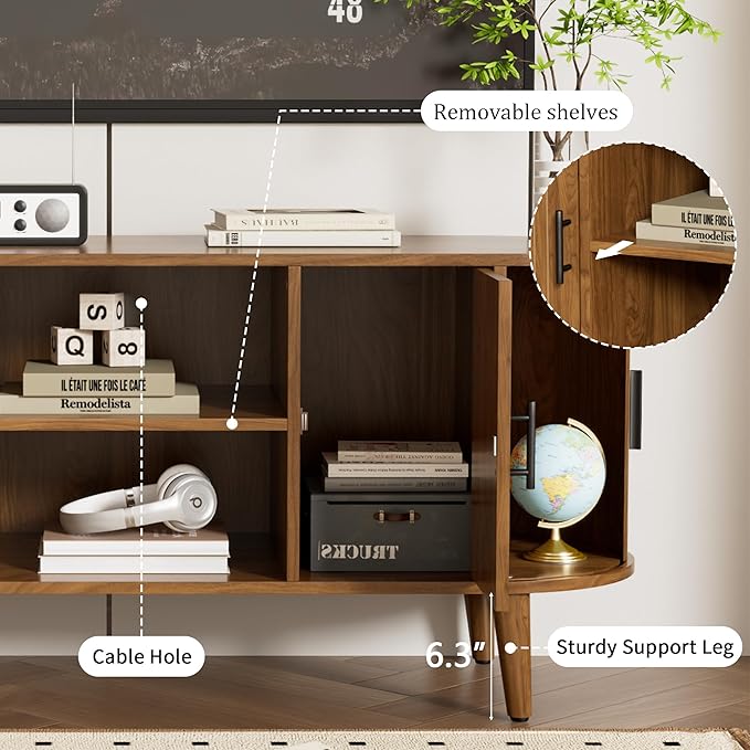 51" Fluted TV Stand, Mid-Century Modern Entertainment Center for Tvs up to 60" with Drawers and Fluted Doors, Curved TV Media Console Table with Sliding Doors for Living Room, Bedroom (51")