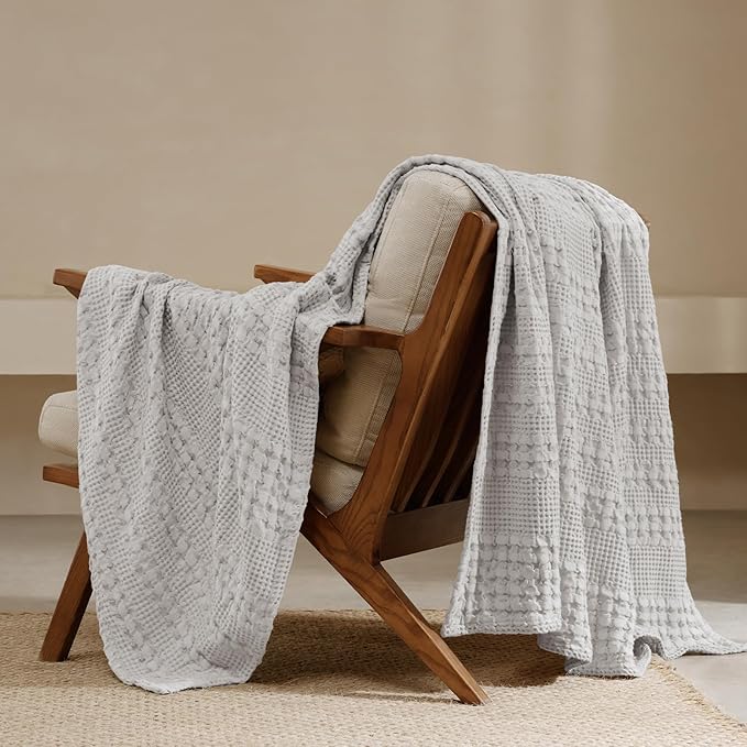 PHF 100% Cotton Waffle Weave Throw Blanket, Soft Lightweight Breathable Cozy Summer Throws for Couch Bed Sofa, Luxury Aesthetic Woven Blanket for Home Decor & Office, 50"x60", Light Grey